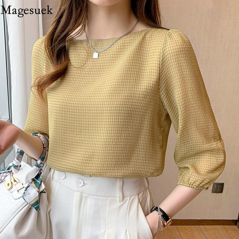 Шифоновая блузка с коротким рукавом, женская летняя шикарная клетчатая блузка с рукавами-фонариками, свободная модная блузка с разрезом на шее, женская одежда 15214