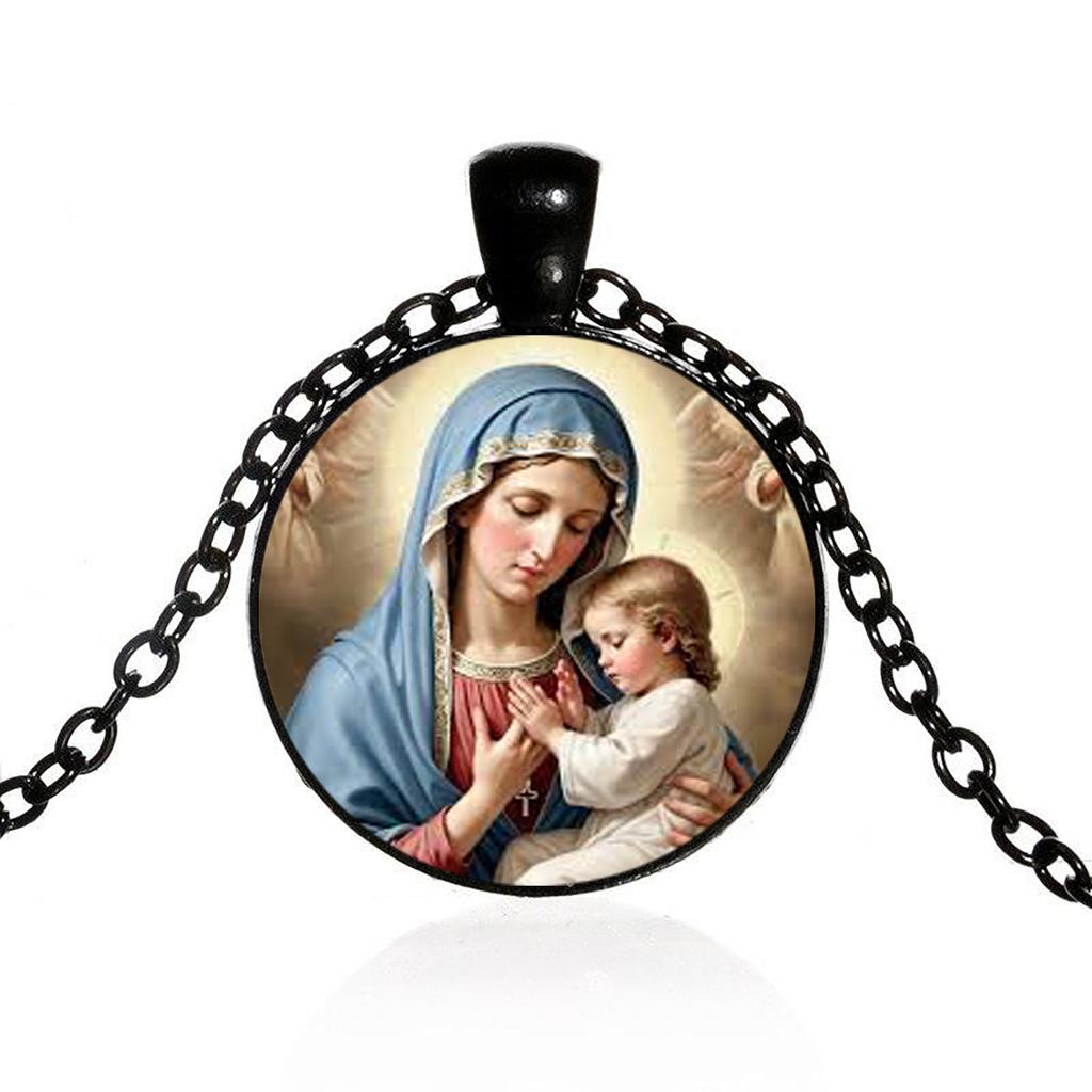 Virgin Mary Mother Of Baby Glass Pendant Jesus Christ Christian Jewelry Jesus Oil Painting Necklace Gift For Men Women