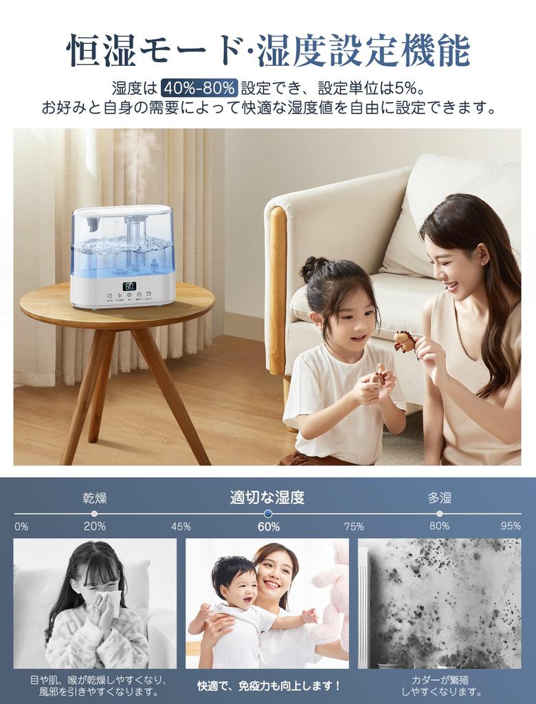 Large 4L Humidity Triple Negative Water Supply from Continuous Operation for Up To 60 Aroma Ultrasonic Easy To Clean Over 10 Tatami Remote Control