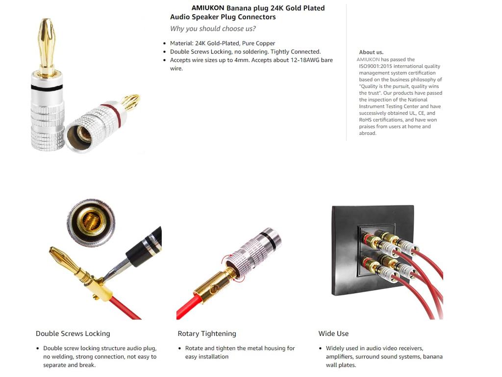 AMIUKON 24K Gold Plated Banana Plugs Speaker Cable Aluminum Metal 4mm of Connectors, Shell, 12AWG-18AWG Gauge, (Set 16)