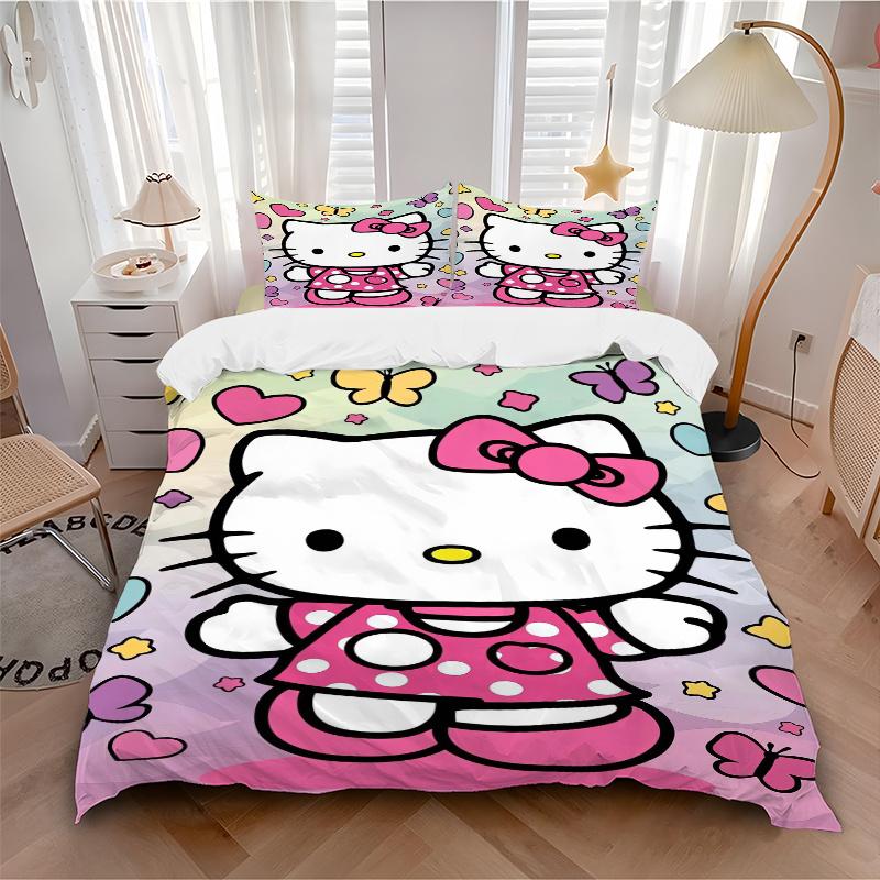 3 шт. Постельное белье Hello Kitty и Бабочка, Включает 1 пододеяльник и 2 наволочки, Без наполнителя, Мягкое и удобное для домашней спальни W033