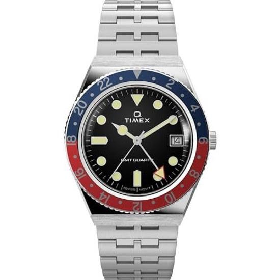 Мужские часы Timex Q GMT 38 мм - Черный циферблат Корпус из нержавеющей стали Браслет Серебристый