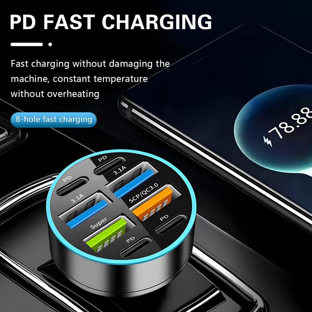 Автомобильное зарядное устройство на 8 портов 66 Вт 12–24 В с PD и QC 3.0, светодиодный вольтметр, универсальное для смартфонов, разъем для прикуривателя, автомобильные аксессуары