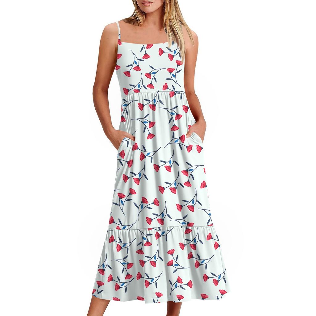 Women's Long Beach Casual Elegant Spaghetti Strap Maxi Dress Floral Low-key Flowing Bohemian Dress