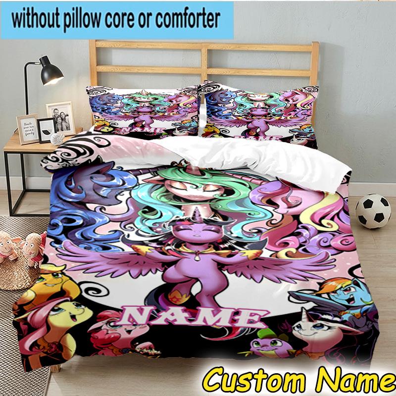 3PCS Custom Name Rainbow Pony Bedding Set, Bedding Set Including 1pc Duvet Cover And 2pcs Pillowcases for Bedroom,Dormitory Gift