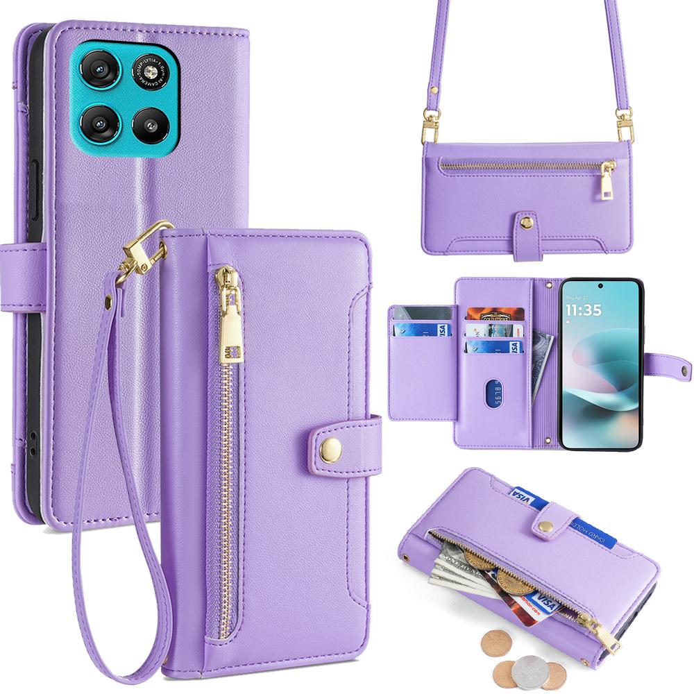 For Motorola Moto G67 Power 5G Leather Case Zipper Pocket Wallet Phone Cover with 2 Straps