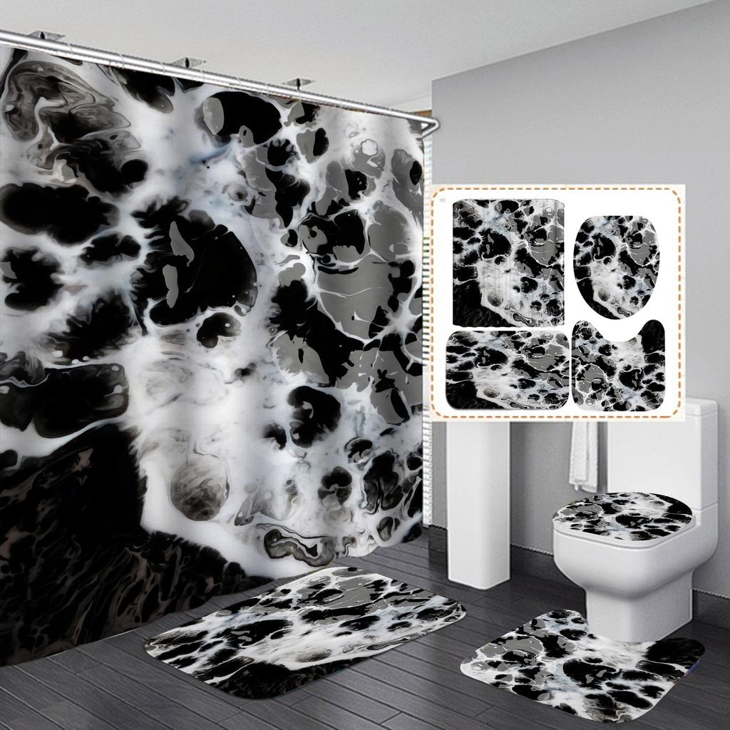 4Pcs Luxury Marble Shower Curtain Sets Bathroom Decor Sets with 12 Hooks Bath Mat Toilet Lid Rug and Non-Slip U Shape Mat