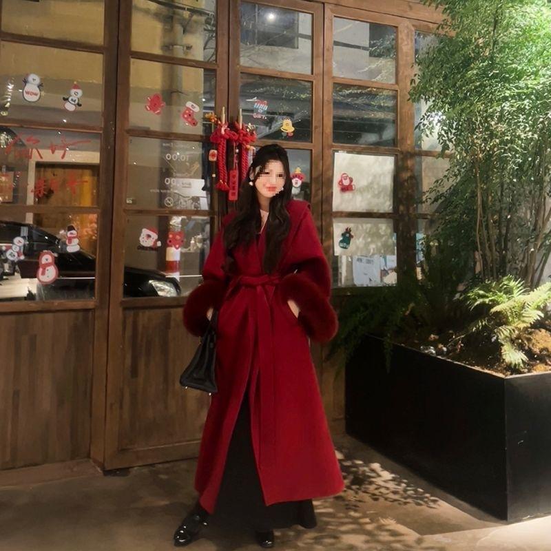 Elegant Faux Fur Sleeve Woolen Jacket With Belt Women Winter Lace Up Long Coats Fashion Office Lady Outerwear High Street