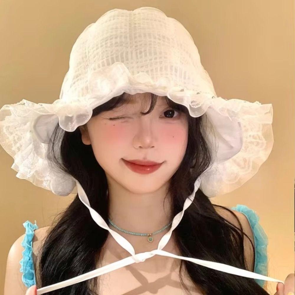 Lolita Lace Bucket Hat Summer Visor Basin Cap French Fisherman Hat Girls