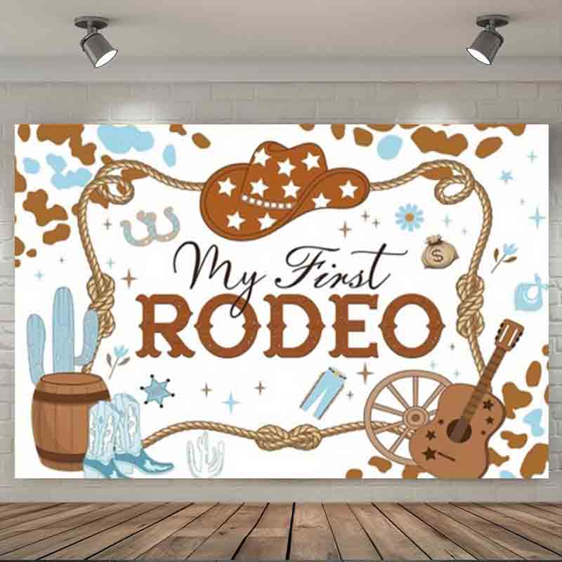 My First Rodeo Western Cowboy Photography Backdrop Cow Print Cactus Baby Boys 1st Birthday Party Photo Banner
