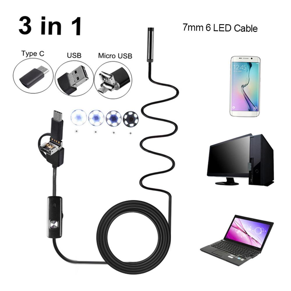 Инспекционная камера 3 в 1 Тип эндоскопа Type-C и Micro USB и USB Водонепроницаемый IP67 для телефонов Android ПК 2 м