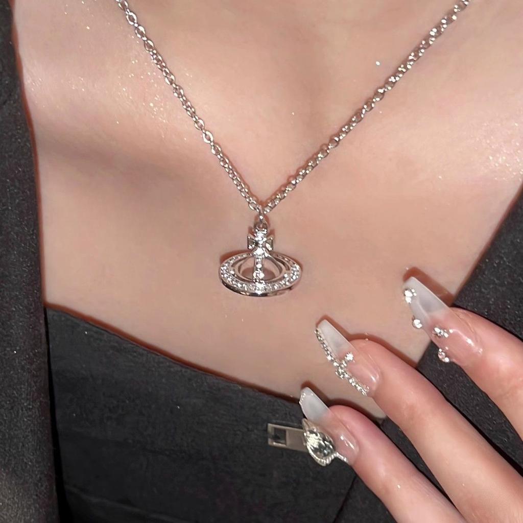 Saturn Transparent Necklace Silver Clavicle Flash Diamond Queen Mother West Niche Planet
