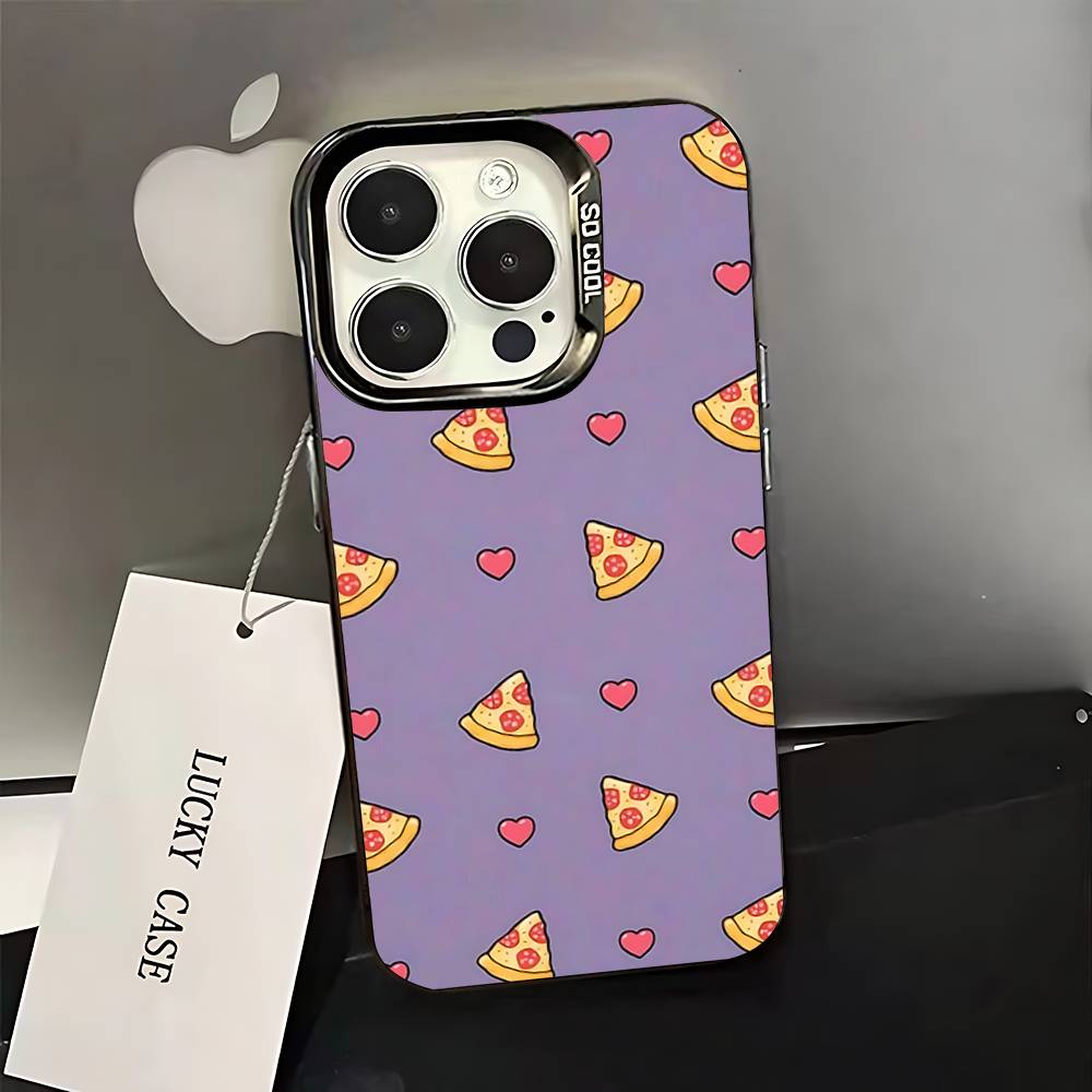 Вкусный мультяшный чехол-пицца для iPhone 16, 15, 14, 13, 12, 11, Pro, XS, Max, Plus, Mini, SE Черный Конфетный Матовый Ударопрочный Чехол