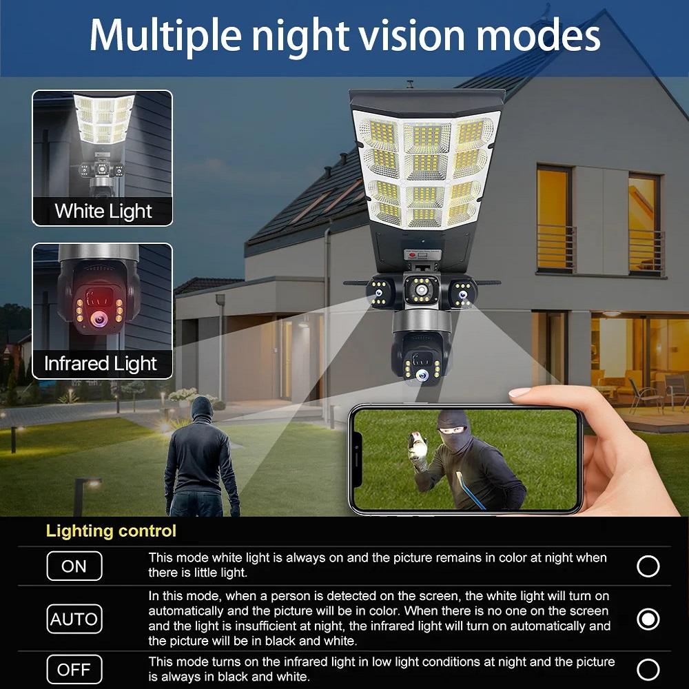 Solar 4G Street Light Camera, 10X Zoom, 3-Lens Recording, Humanoid Tracking, Outdoor Camera Lamp, Remote Control, Waterproof Design