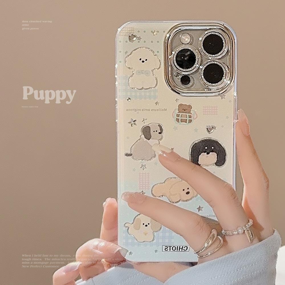 Plaid puppy cartoon phone case suitable for iPhone 15, 17 Pro Max, with lens film, iPhone 16, anti-drop, 12 feather yarn