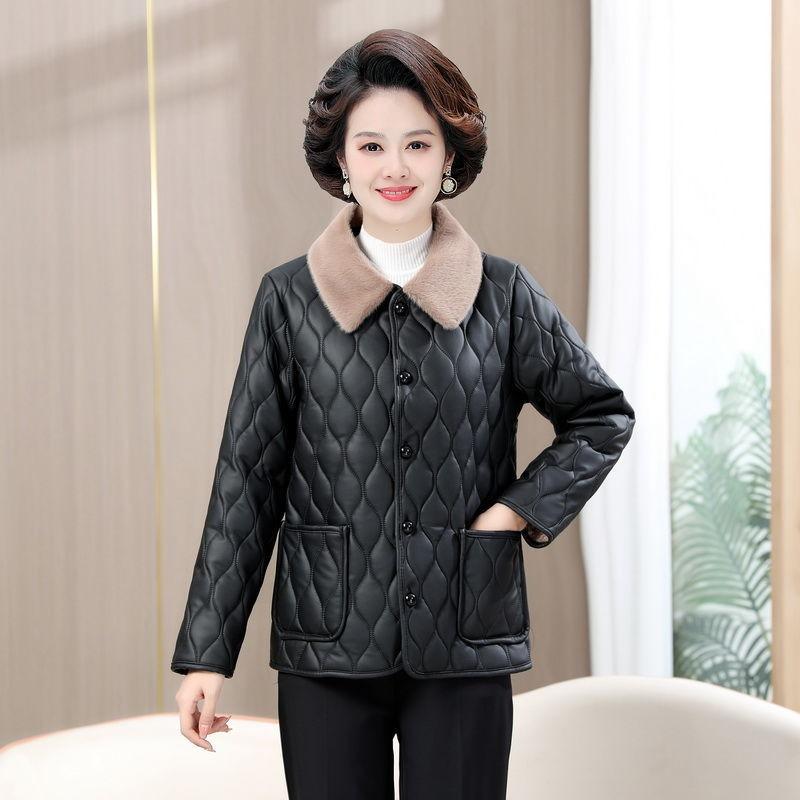 Осень-зима для женщин среднего возраста плюс бархатное теплое пальто средней длины свободного покроя из кожи кожаная куртка для мам повседневная куртка