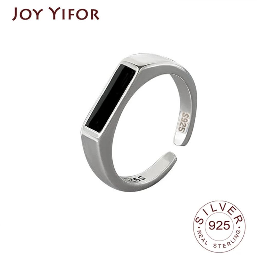 BFCLUB Silver Color New Simple Vintage Rings Retro Black Stone Opening Handmade Ring Fashion Fine Jewelry