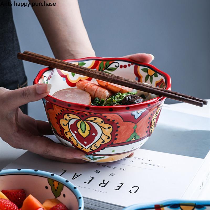 Расписанная вручную керамическая посуда Европейская подглазурная миска для риса Необычная фруктовая салатница Домашняя тарелка для завтрака Обеденная посуда