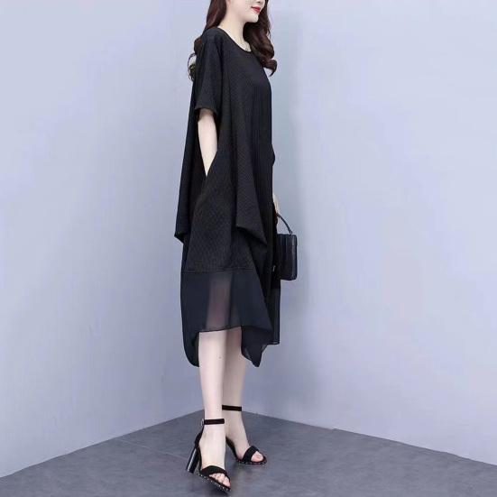 Women's Summer Short Sleeve Midi Dress with Pocket Casual Crew Neck Mesh T-shirt