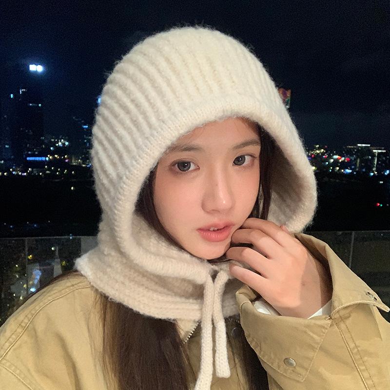 Autumn and winter hats women's scarf integrated big head circumference balaclava hat Korean versatile windproof warm wool hat
