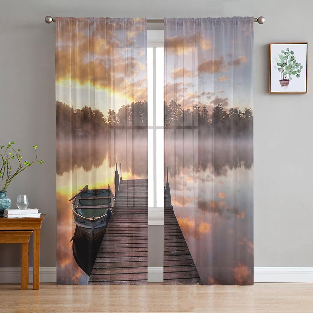 Lake Scenery Window Treatment Tulle Modern Sheer Curtains for Kitchen Living Room the Bedroom Curtains Decoration