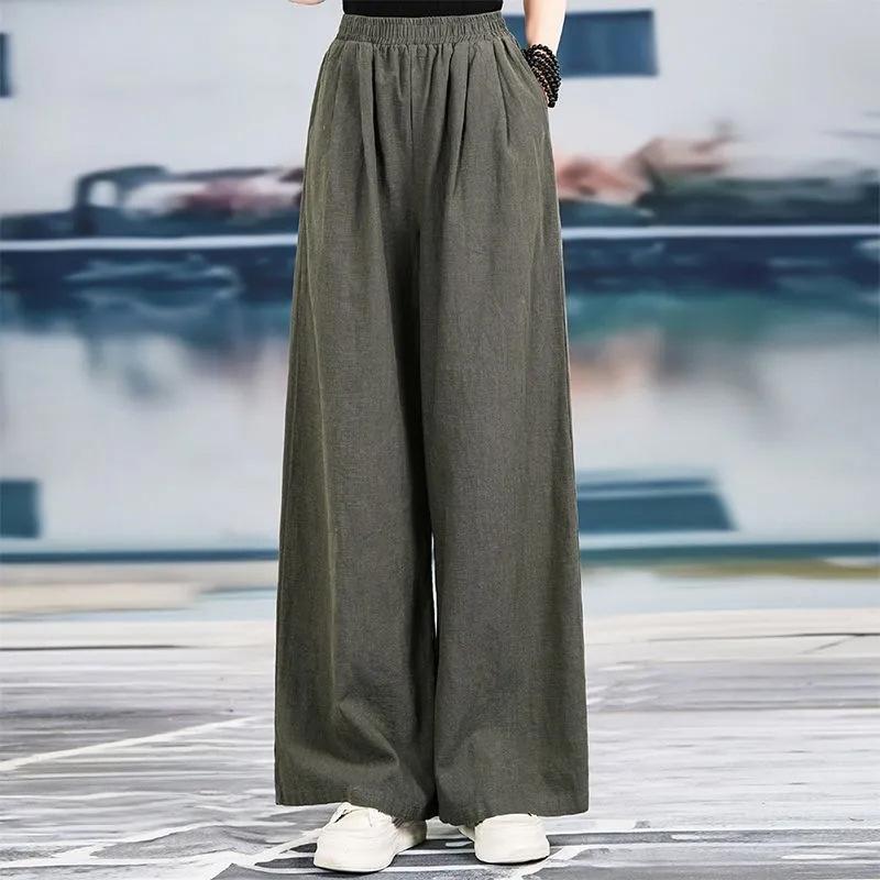 Повседневные брюки в стиле ретро с широкими штанинами для весны и лета из хлопка и льна, однотонные, с эластичной резинкой на талии, женская одежда больших размеров