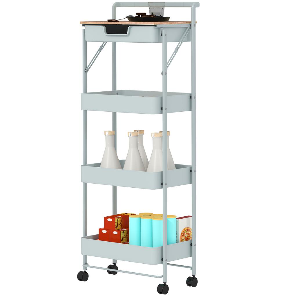 Trolley storage cart on wheels 4 tiers with drawer, tray and baskets, green