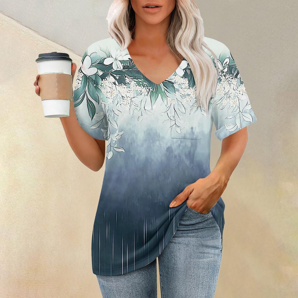 Women's Fashion Pocket V-neck Short Sleeve Plant Floral Print T-shirt Top