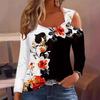 Tops Women’s Casual V-neck Metal Buckle Long-sleeved Printed T-shirt
