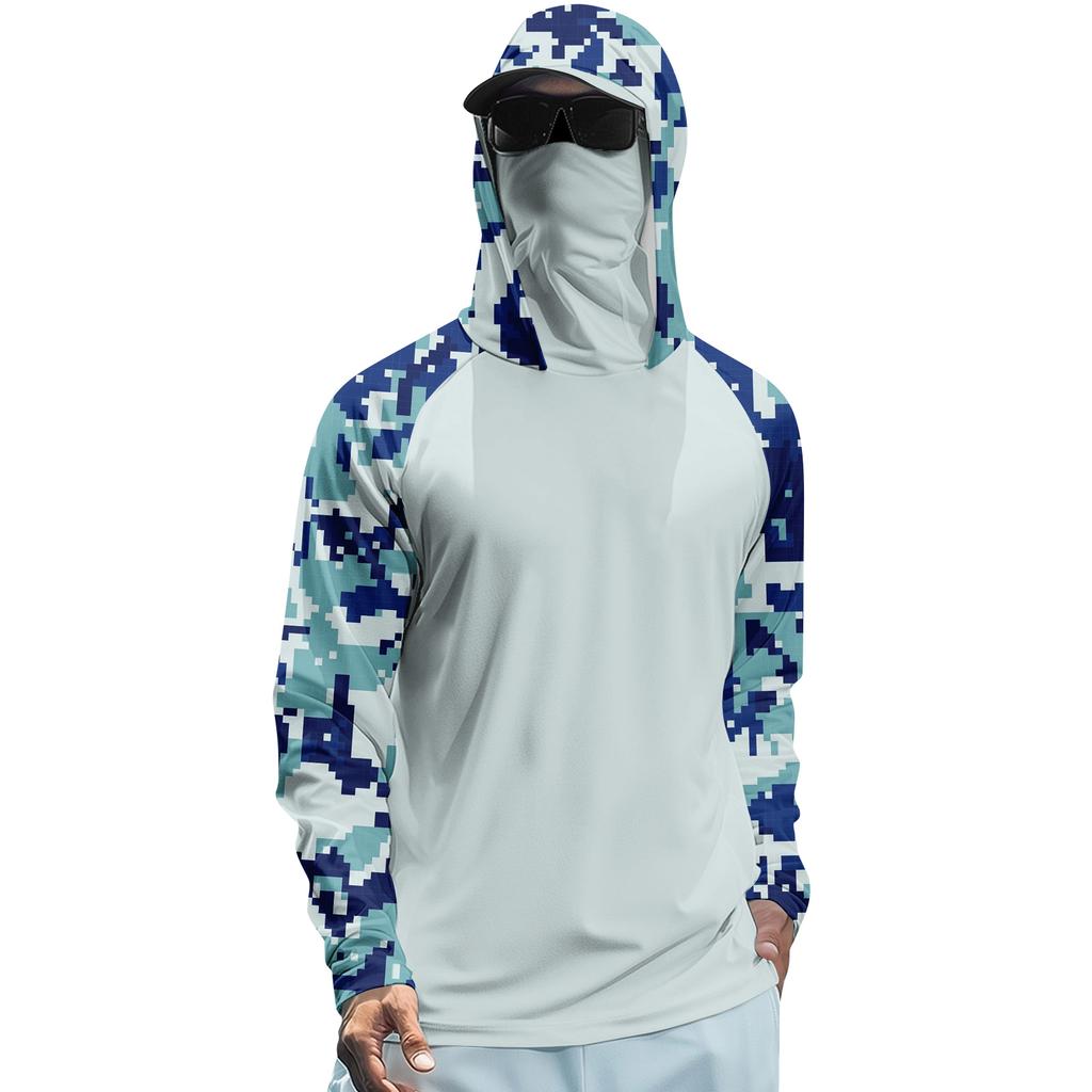 Long Sleeve Hooded Shirt with Digital Camouflage Print Raglan Sleeves Lightweight Pullover Top for Men Outdoor Activities