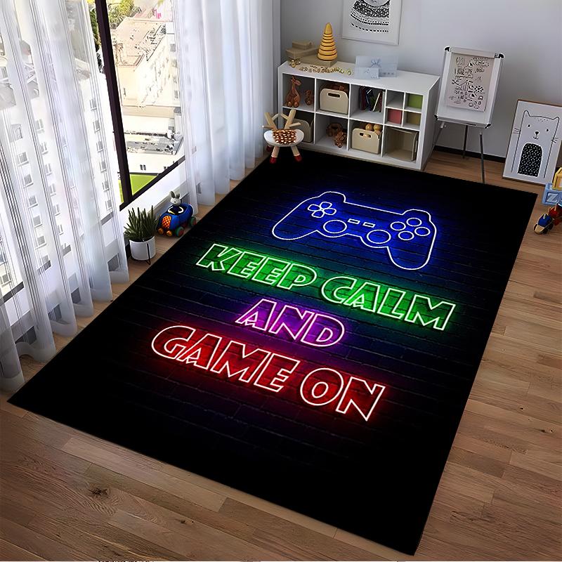 Игровой ковер с неоновым дизайном в виде геймпада и надписью "Keep Calm". Подходит для использования в качестве противоскользящего покрытия для гостиной, спальни, диванов.
