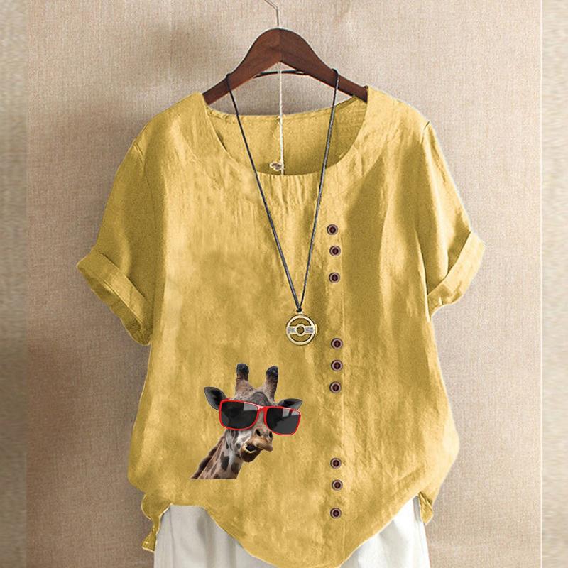 Women's Fashion Giraffe Prined Short Sleeve T-shirt Loose Cotton Shirt Casual Loose Summer Blouse Tops Plus Size