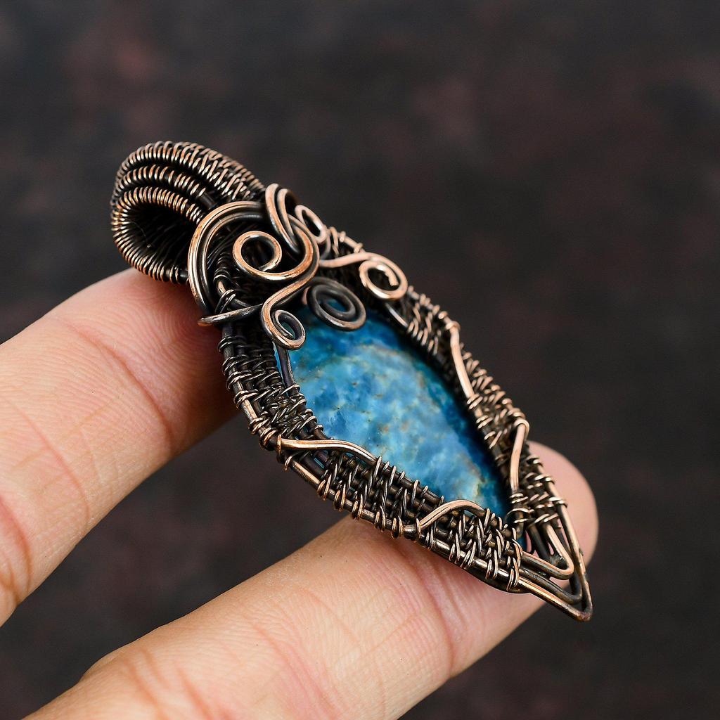 Неоновый апатитовый кулон с драгоценным камнем, обернутый в медную проволоку, ювелирные изделия из медной проволоки, кулон ручной работы, подарок для нее, дизайнерские ювелирные изделия из апатита