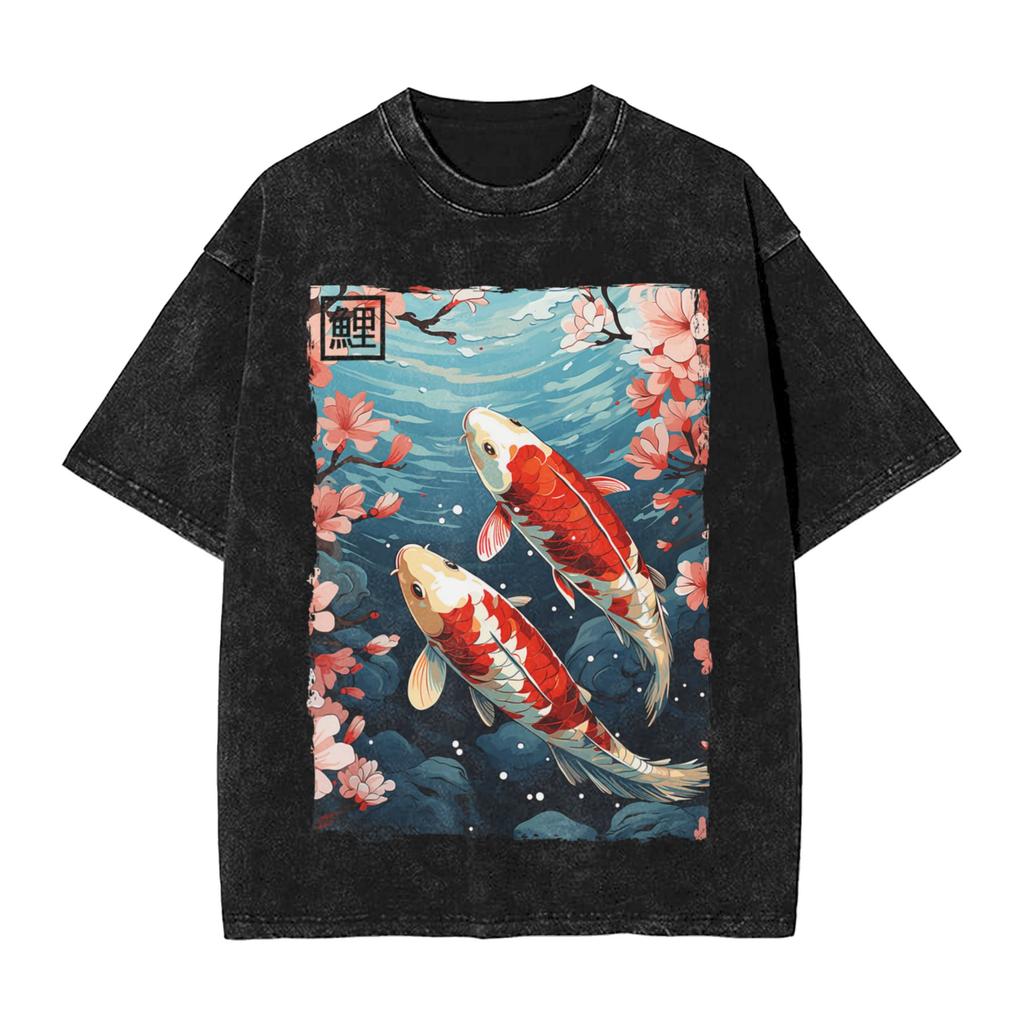 Koi Carp Fish Japanese T Shirts Washed Short Sleeve Harajuku TShirts Vintage Men Women Streetwear Printed Tee Shirt