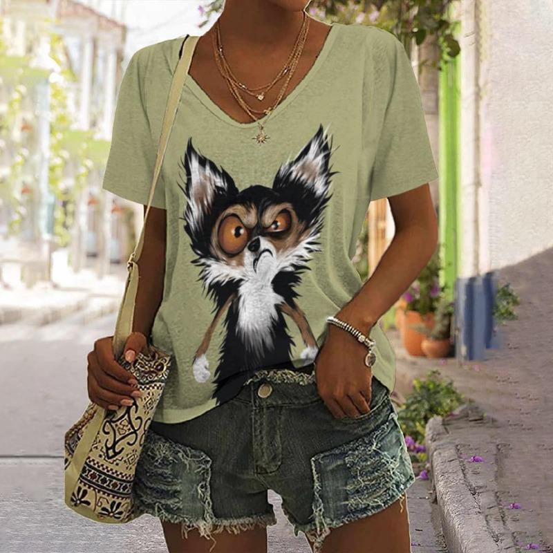 Summer Casual Cute Cat Female Commuting Elegant V-neck Short Sleeved Shirt T-Shirts Women’s 3D Top