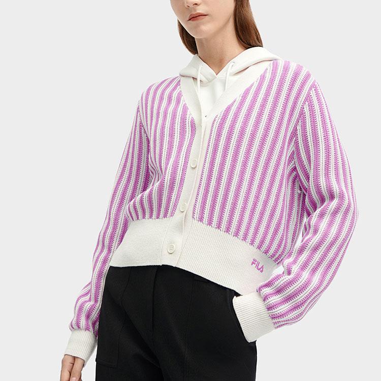 Fila Трикотажный топ с V-образным вырезом на пуговицах с длинными рукавами из серии Heritage с полным принтом в полоску женские топы фиолетовый красный F11W418408F-PU