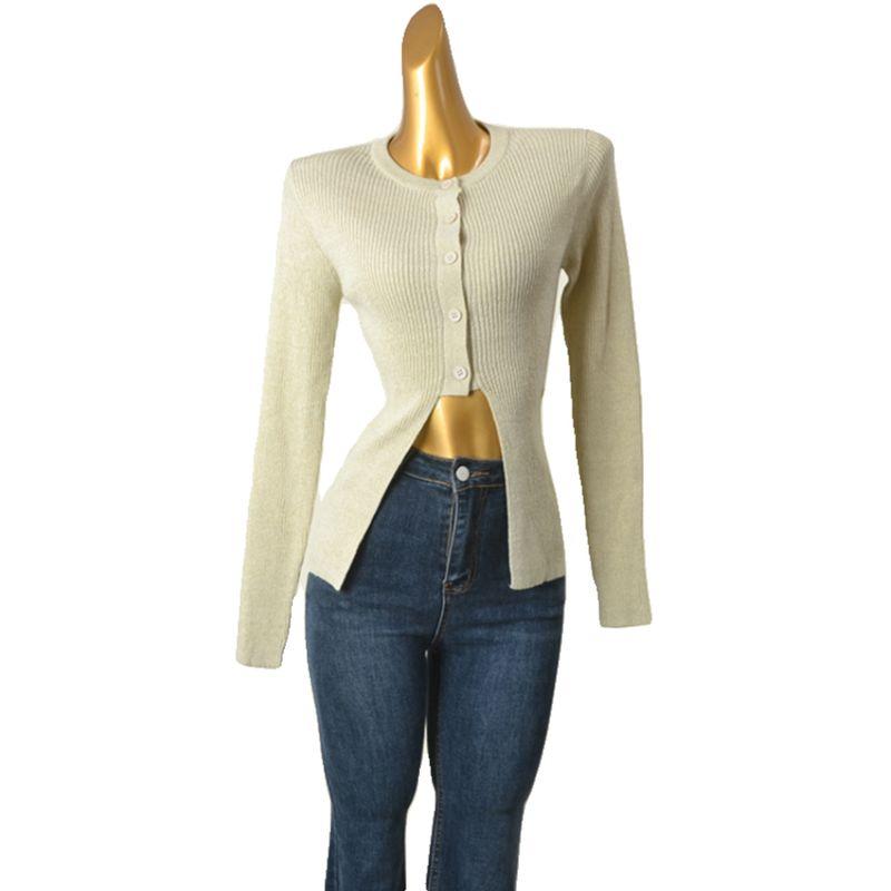Irregular Design Knitting Cardigan Long Sleeves Sweater Female New Arrival Side Button Slit Slim-Fitting Slimming Coat