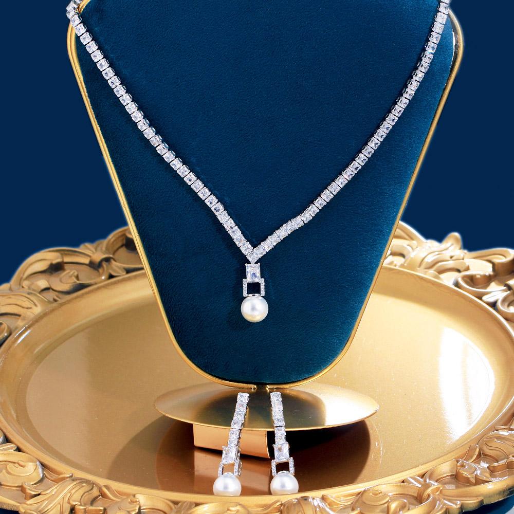 CMM блестящий кубический циркон, свадебное ожерелье из искусственного жемчуга, серьги, вечерние комплекты ювелирных украшений для женщин