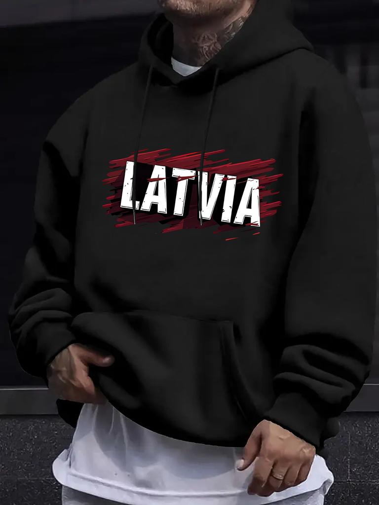 Latvia Graphic Print hoodie Sweatshirt - Black with Red & White Lettering