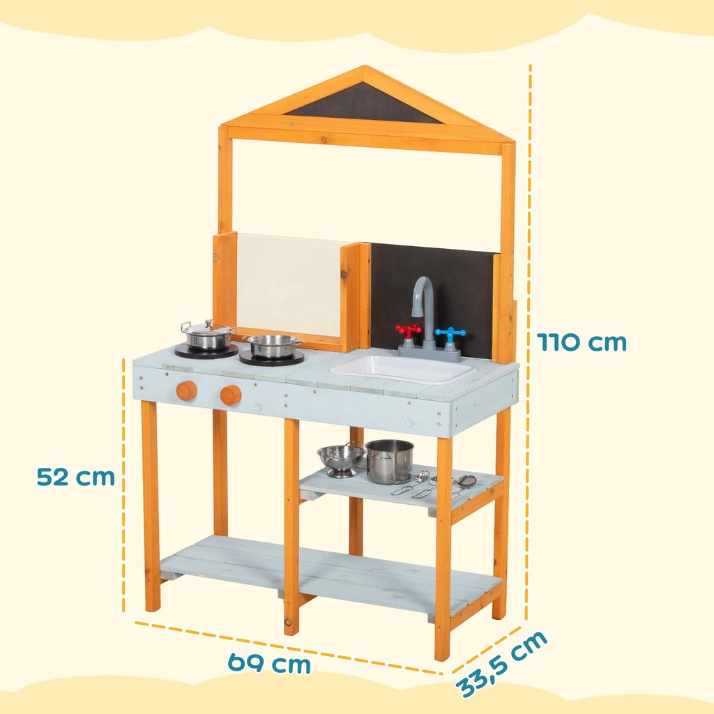 Mud Kitchen for Kids, Outdoor Wooden Play Kitchen with Sink, Stove, Cookware, Shelves, Pretend Play Toy for Ages 3-8