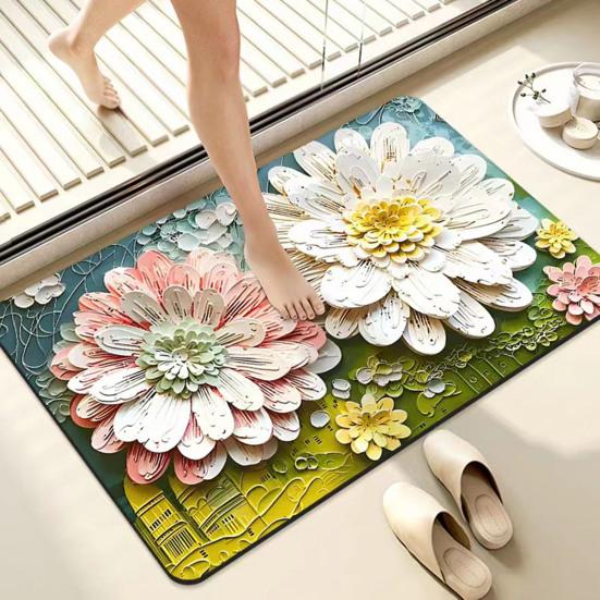 3D Floral Floor Mat Absorbent Diatomaceous Mud Rug Non-Slip Bathroom Entrance Carpet Quick Drying Mat for Living Room Kitchen