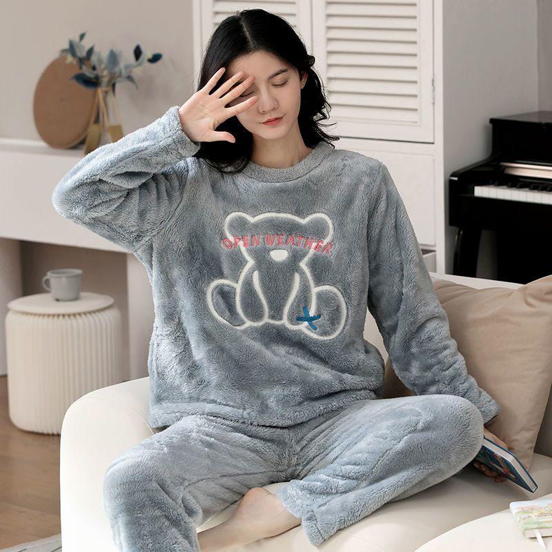 Women's Long-sleeved Flannel Pajamas Set Spring Autumn Cartoon Sleepwear Thickened Warm Printing Plush Cute Sleeping Suit Set
