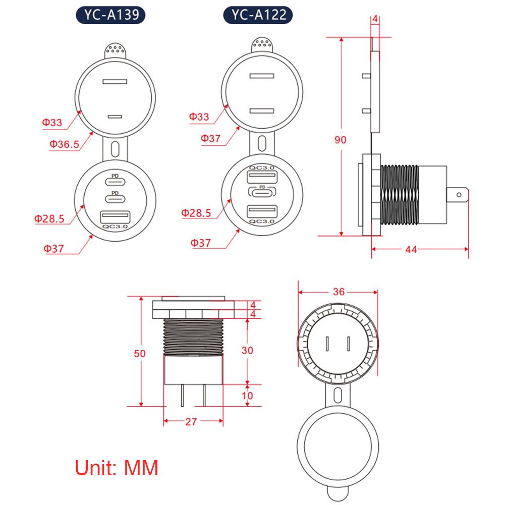 12V-24V Car Charger Socket 75W PD Type C QC 3.0 Fast Charge Adapter 3 Ports USB Outlet Waterproof Car Charger for Car RV Marine