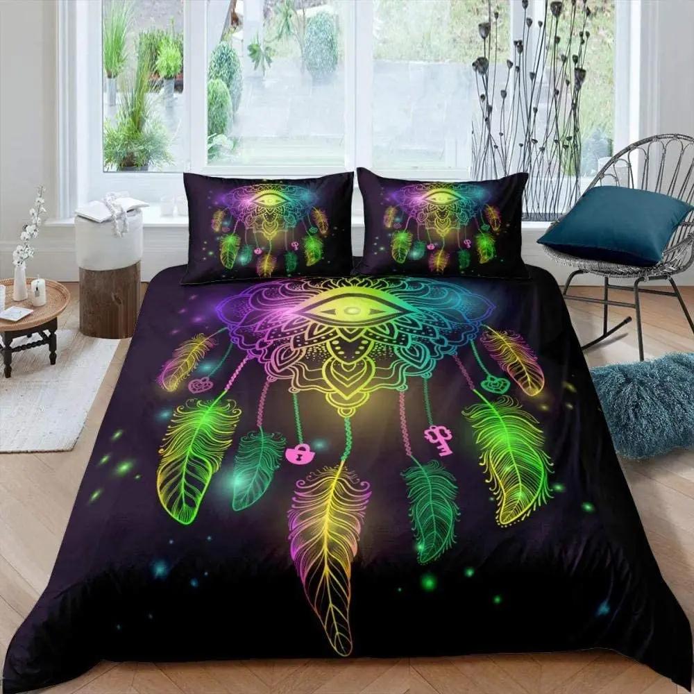 Dream Catcher Duvet Cover Dream Catcher Galaxy Bedding Set Boho Feather Comforter Cover Indian Tribal Soft Polyester Quilt Cover