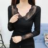 Korean V-neck Lace Hollow Out Patchwork Tshirt Women Long Sleeved Top Solid Color Bottoming Shirt Black Pullover