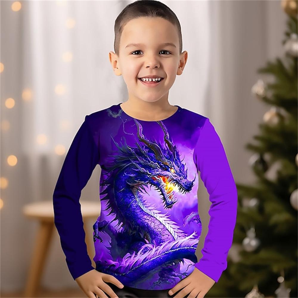 Children's Cool Animal Dragon Series 3D Digital Printed Boys Hip Hop Personality Round Neck Long Sleeved T-shirt