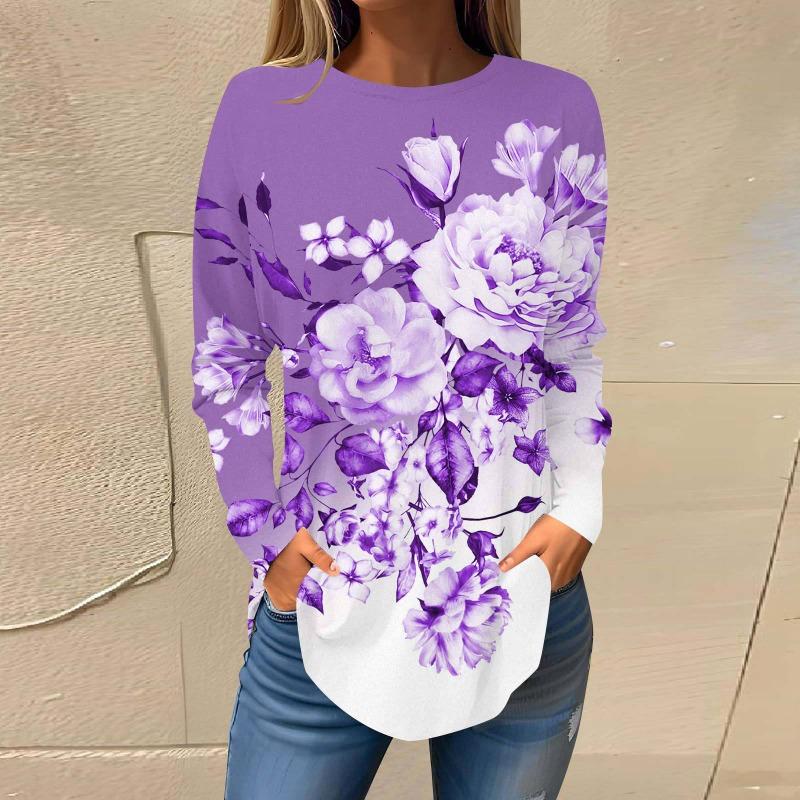 Повседневный топ с круглым вырезом и длинным рукавом, цветочная модная женская футболка большого размера с 3D-принтом, женские осенние свободные топы