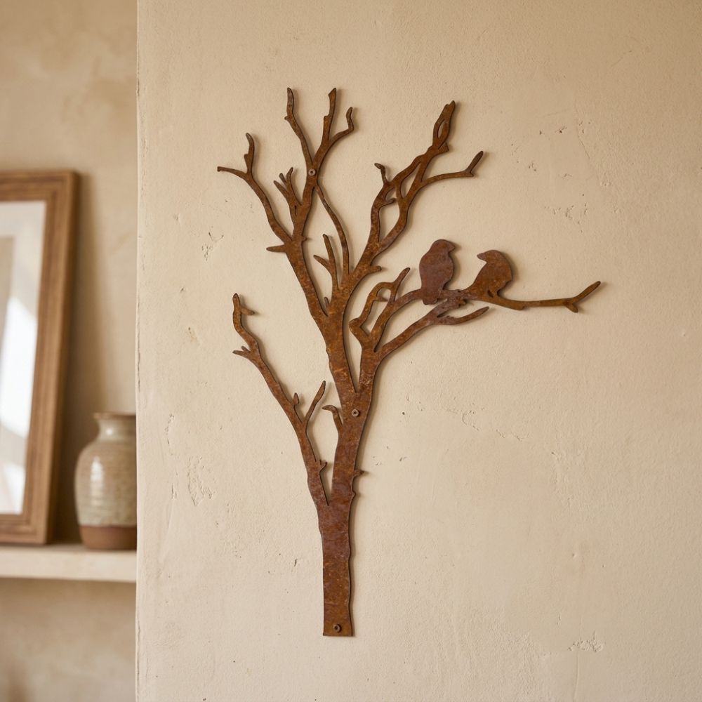 Farmhouse Style Metal Tree Branch Bird Silhouette Decor Garden Fence