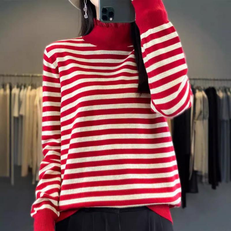 24 Весенняя полосатая полуводолазка, вязаный плечевой рукав, низ футболки, свободный, универсальный пуловер, топ с длинным рукавом
