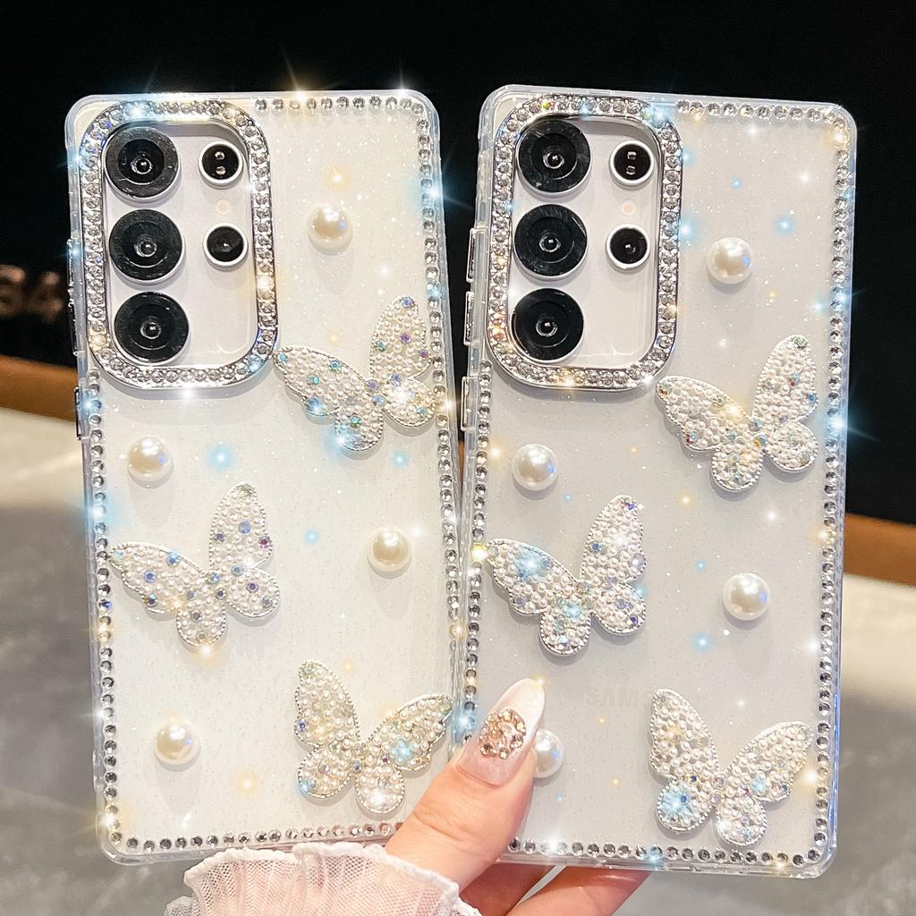 Чехол для Samsung Galaxy S25 Ultra с краем из страз, декором в виде жемчужной бабочки, из ТПУ + ПК, IMD, защитная крышка для телефона
